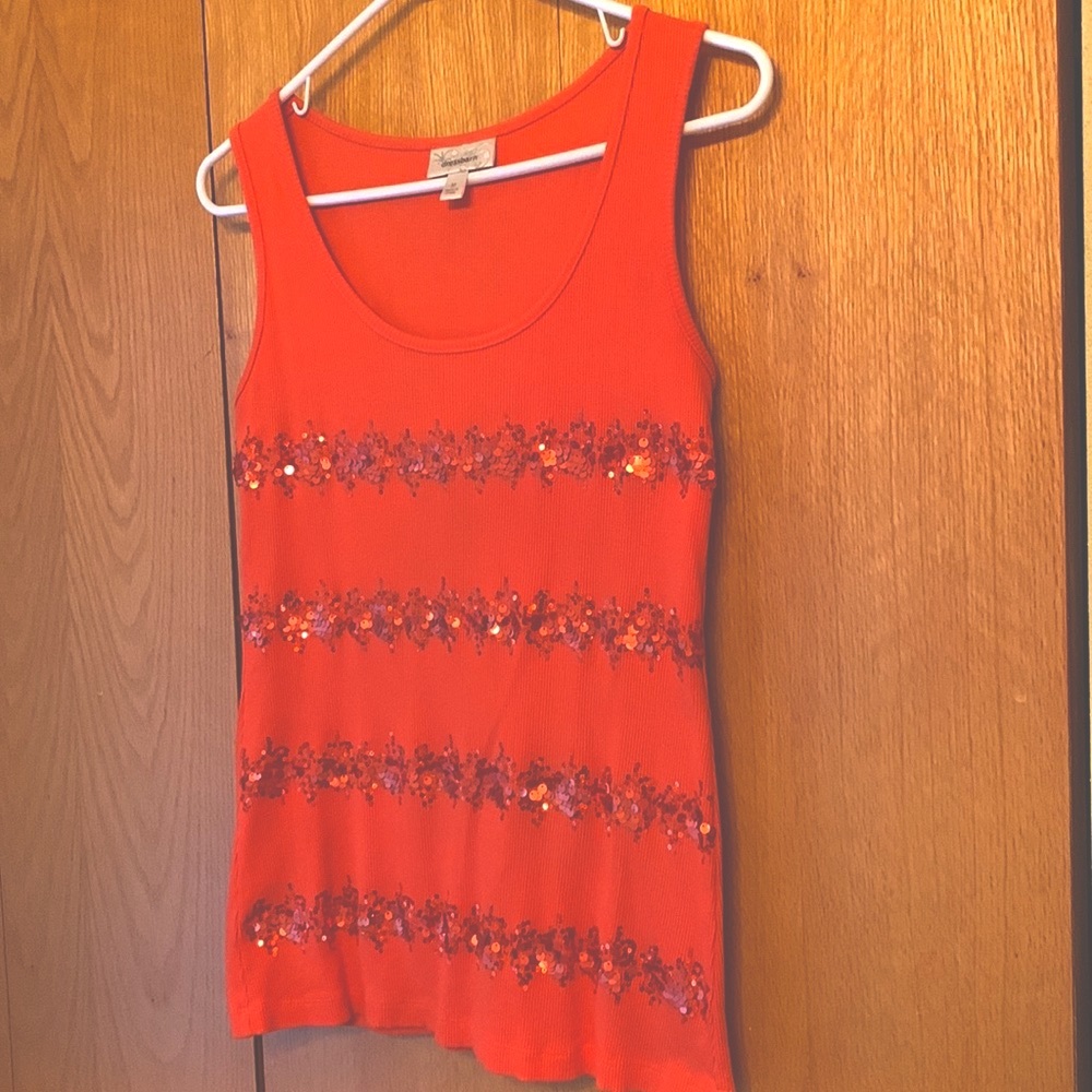 Dress Barn MED orange cotton tank top embellished with metallic orange sequins